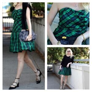 Luella Bartley Women Tartan Plaid Strapless Dress Size 5 Green Bubble Skirt Y2K